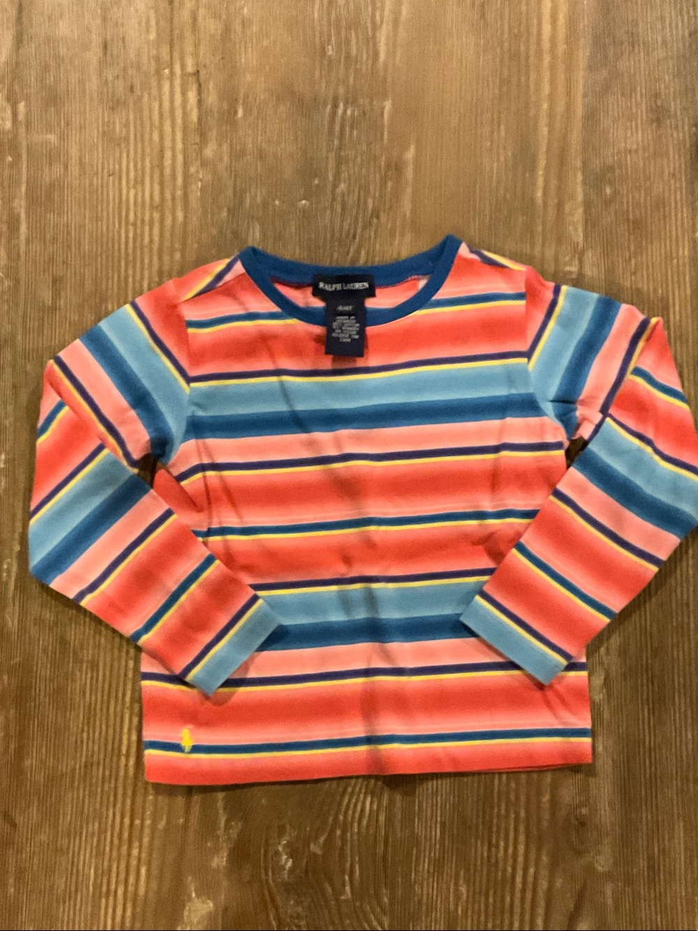 Ralph Lauren girls Long-Sleeve Stripe Tee — Coral, Blue & Yellow